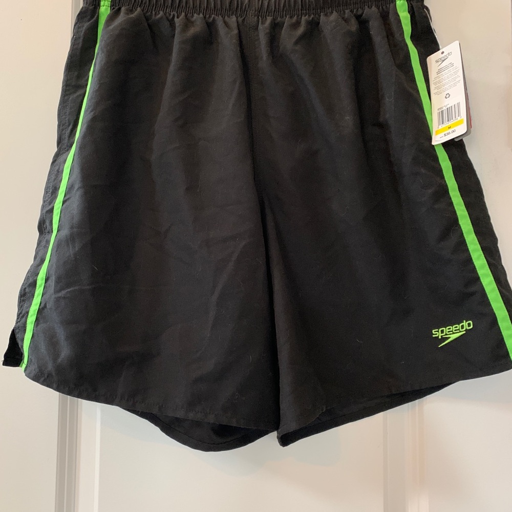 Men’s Speedo swim shorts - size M - NWT - black shorts with green trim